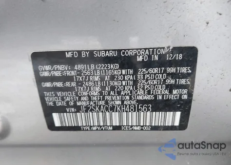 2019 Subaru Forester z USA, uszkodzony, nr VIN JF2SKACC7KH481563